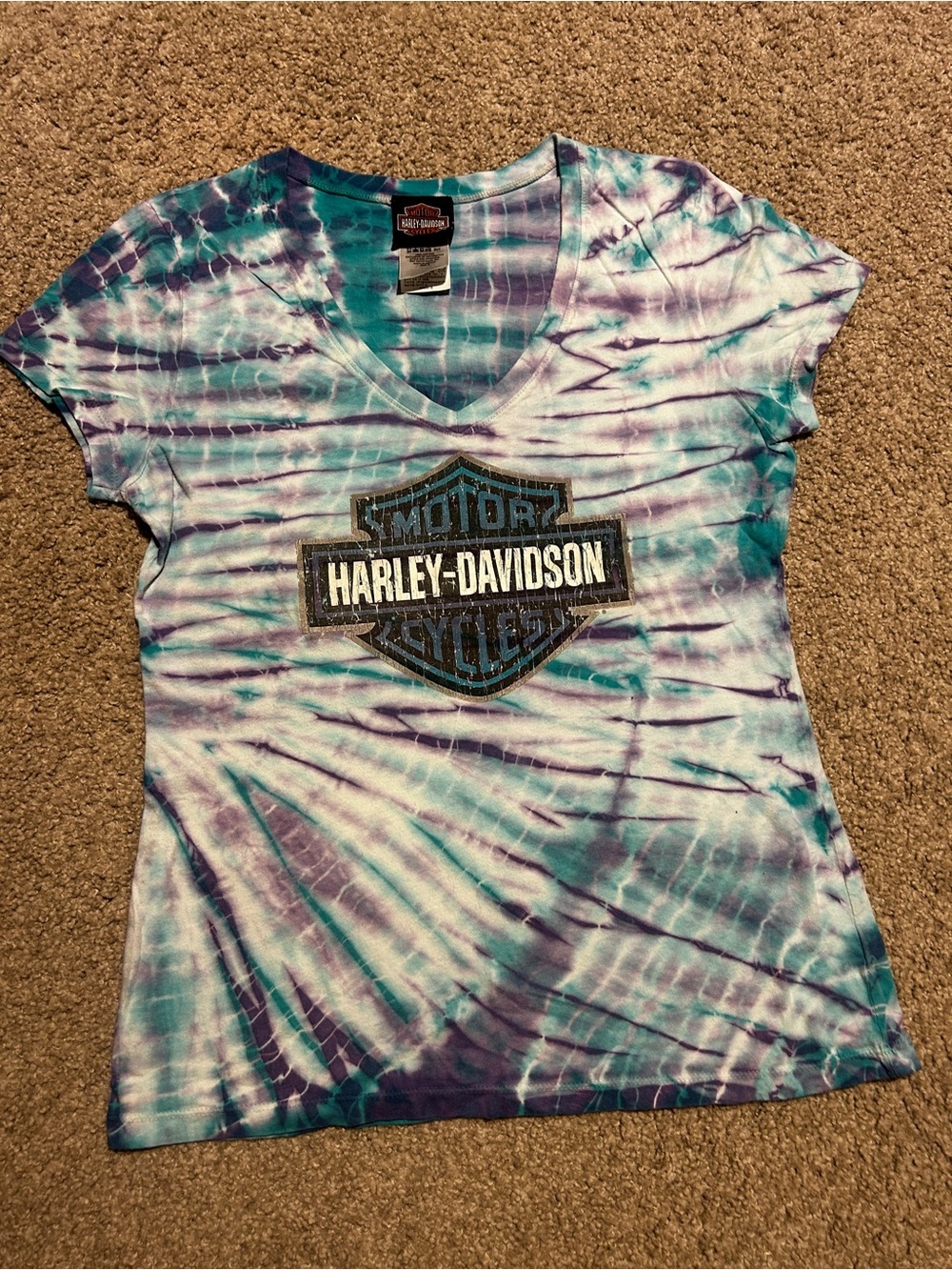Harley-Davidson Women's Tie-Dye V-Neck Tee in Teal, Blue & Purple